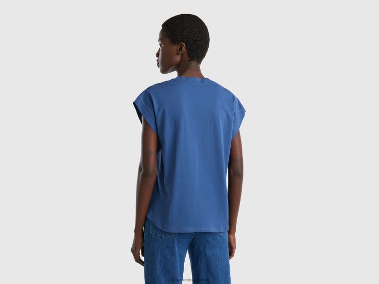mulheres T-shirt gola V 100% algodão Benetton R8L4P3787 azul