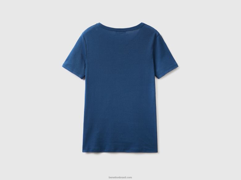 mulheres camiseta de algodão de fibra longa Benetton R8L4P470 azul