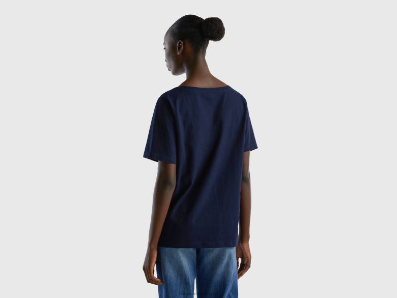 mulheres camiseta decote v em algodão flamê Benetton R8L4P364 azul escuro