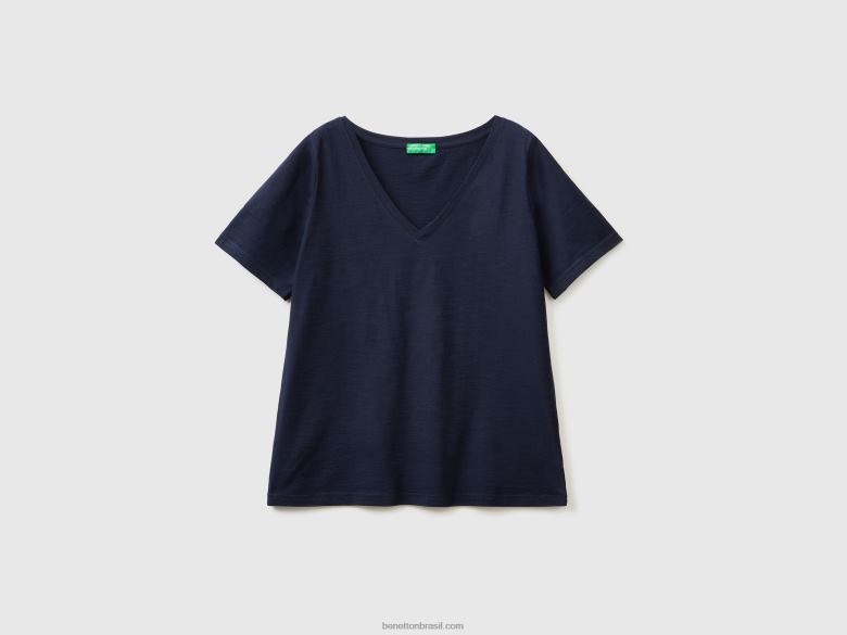 mulheres camiseta decote v em algodão flamê Benetton R8L4P364 azul escuro