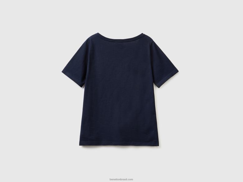 mulheres camiseta decote v em algodão flamê Benetton R8L4P364 azul escuro