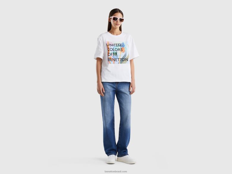mulheres camiseta em algodão com estampa de logo Benetton R8L4P376 branco