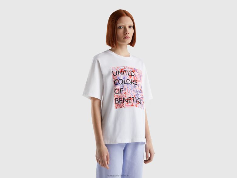 mulheres camiseta em algodão com estampa de logo Benetton R8L4P3851 branco