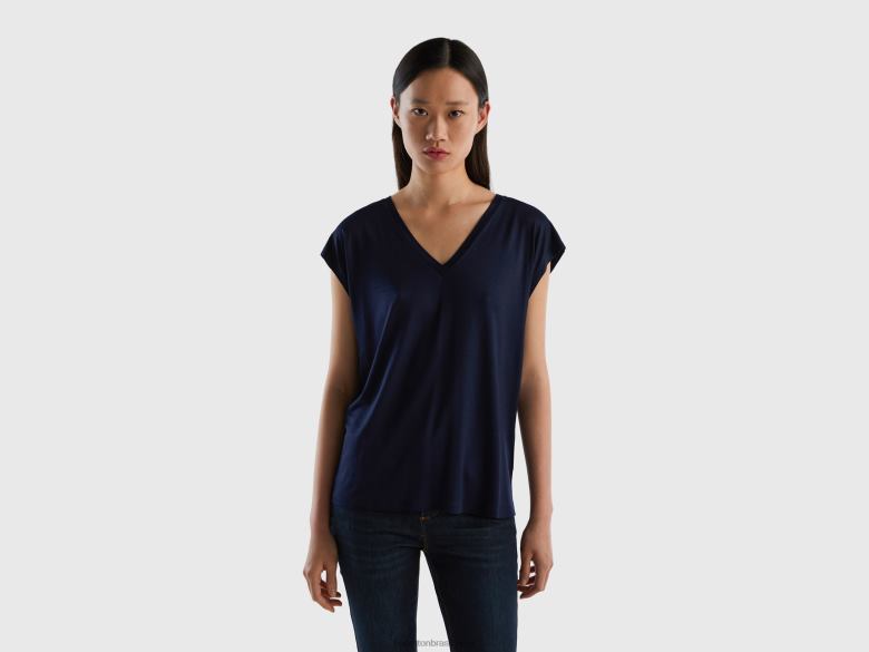 mulheres camiseta em viscose stretch sustentável Benetton R8L4P3789 azul escuro