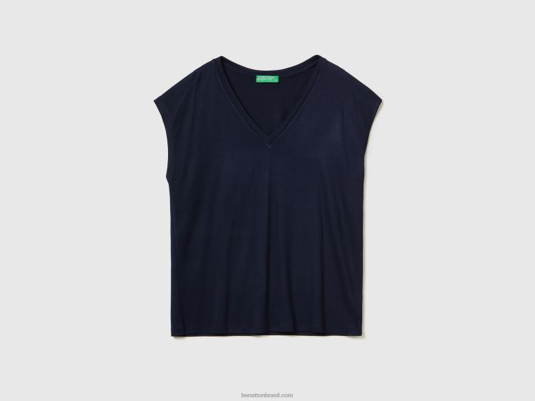 mulheres camiseta em viscose stretch sustentável Benetton R8L4P3789 azul escuro
