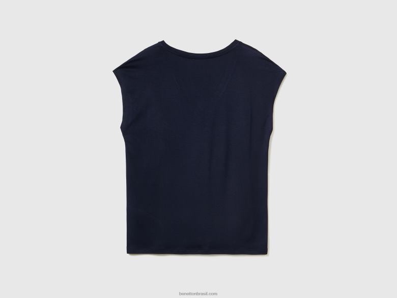 mulheres camiseta em viscose stretch sustentável Benetton R8L4P3789 azul escuro