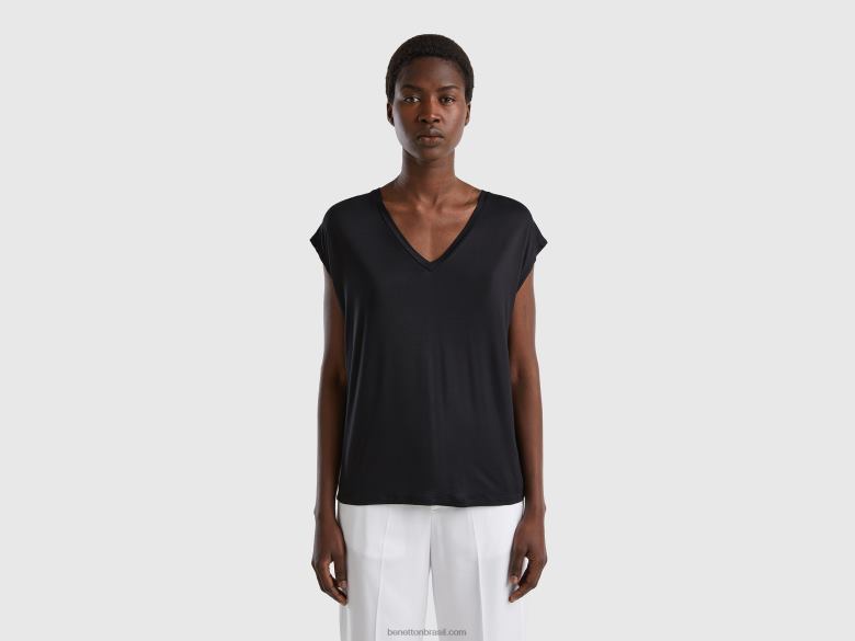 mulheres camiseta em viscose stretch sustentável Benetton R8L4P3885 preto
