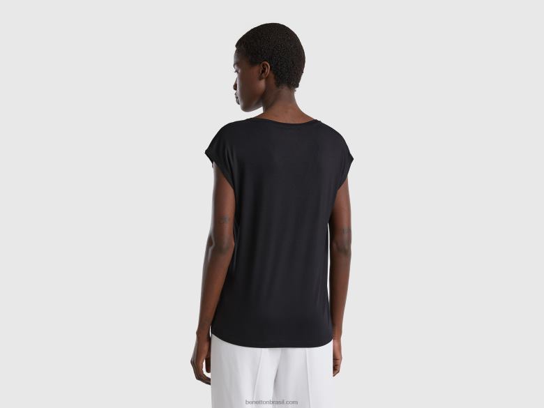 mulheres camiseta em viscose stretch sustentável Benetton R8L4P3885 preto