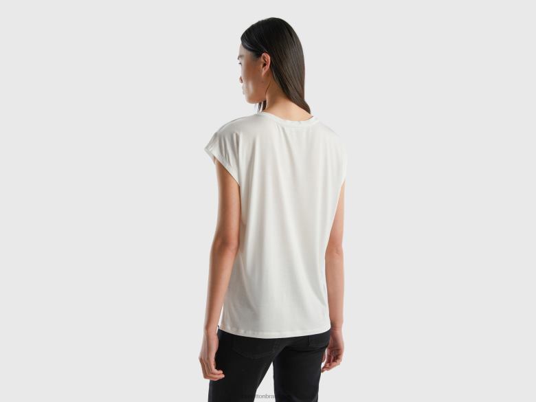 mulheres camiseta em viscose stretch sustentável Benetton R8L4P390 branco cremoso