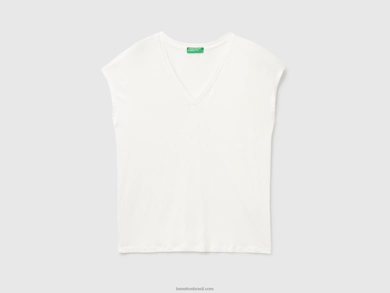 mulheres camiseta em viscose stretch sustentável Benetton R8L4P390 branco cremoso