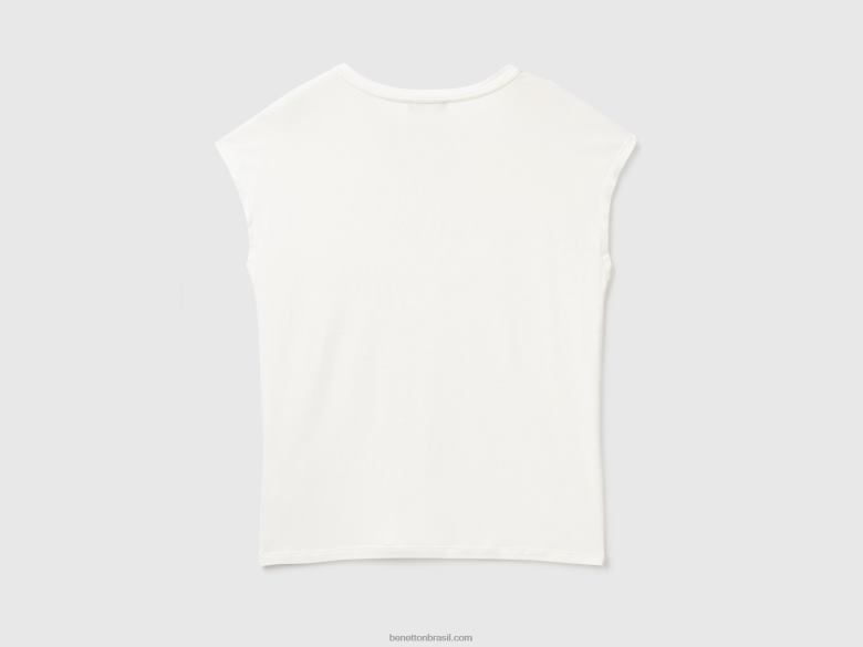 mulheres camiseta em viscose stretch sustentável Benetton R8L4P390 branco cremoso