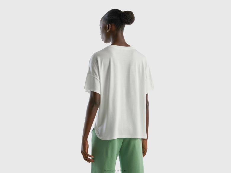 mulheres camiseta em viscose stretch sustentável Benetton R8L4P438 branco cremoso