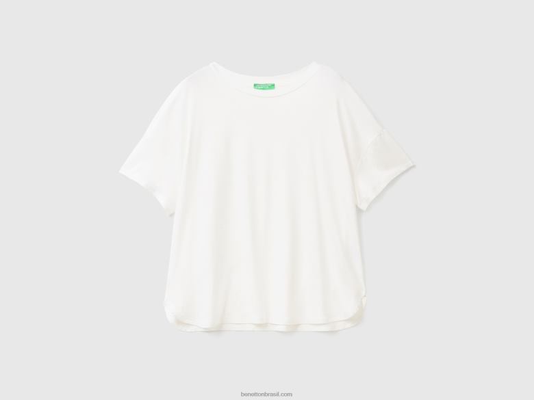 mulheres camiseta em viscose stretch sustentável Benetton R8L4P438 branco cremoso
