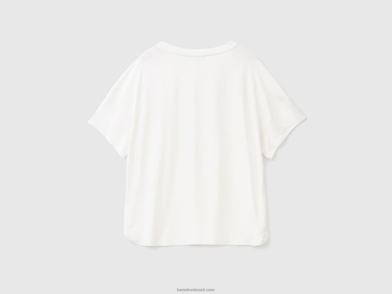 mulheres camiseta em viscose stretch sustentável Benetton R8L4P438 branco cremoso