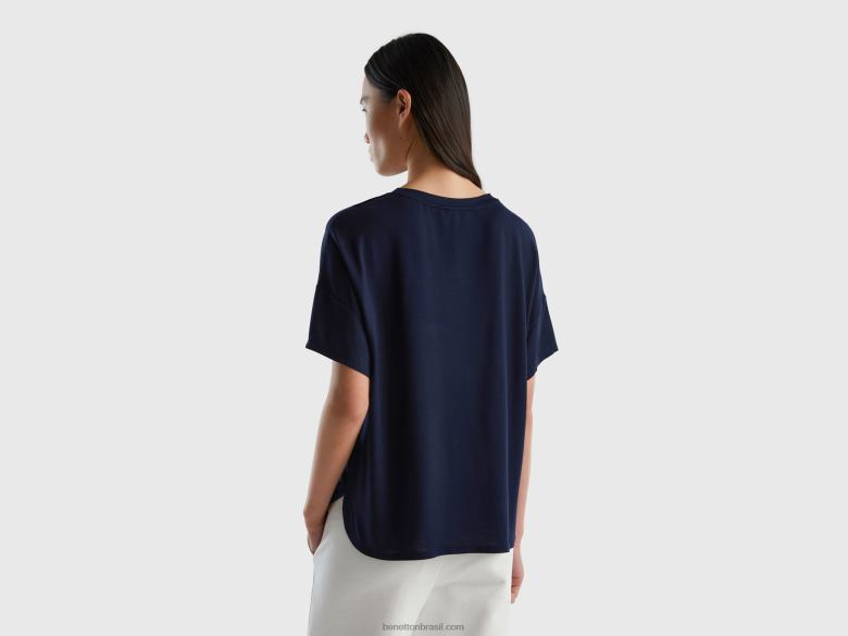 mulheres camiseta em viscose stretch sustentável Benetton R8L4P439 azul escuro