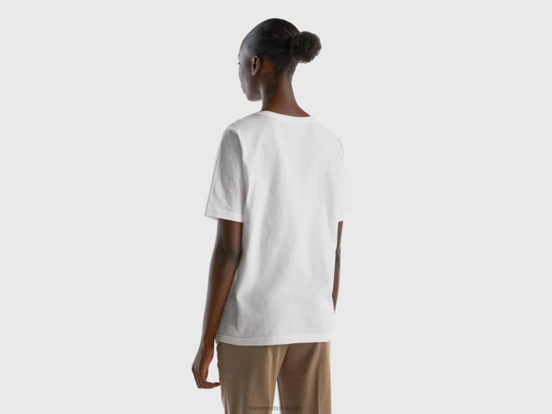 mulheres camiseta gola careca em algodão flamê Benetton R8L4P3860 branco