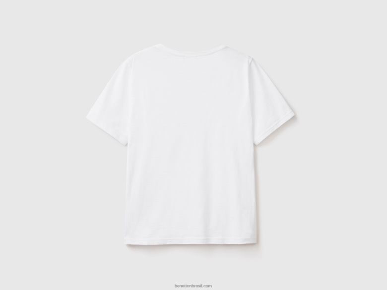 mulheres camiseta gola careca em algodão flamê Benetton R8L4P3860 branco
