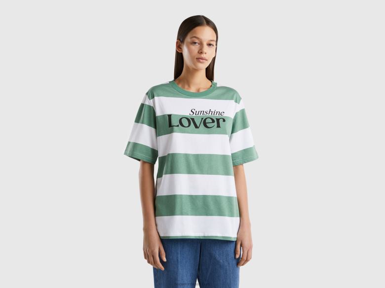 mulheres camiseta listrada com slogan Benetton R8L4P3780 verde