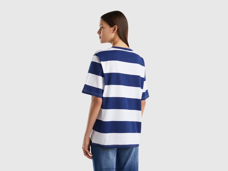 mulheres camiseta listrada com slogan Benetton R8L4P3797 azul