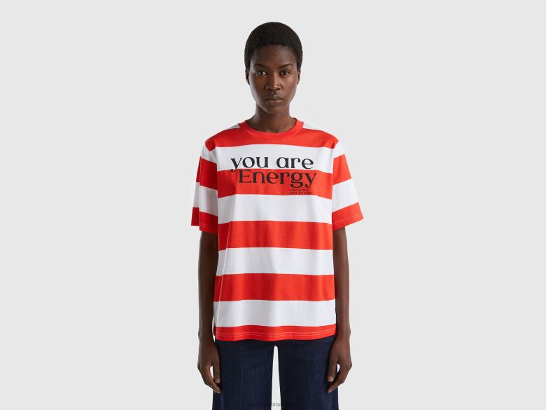 mulheres camiseta listrada com slogan Benetton R8L4P3824 vermelho