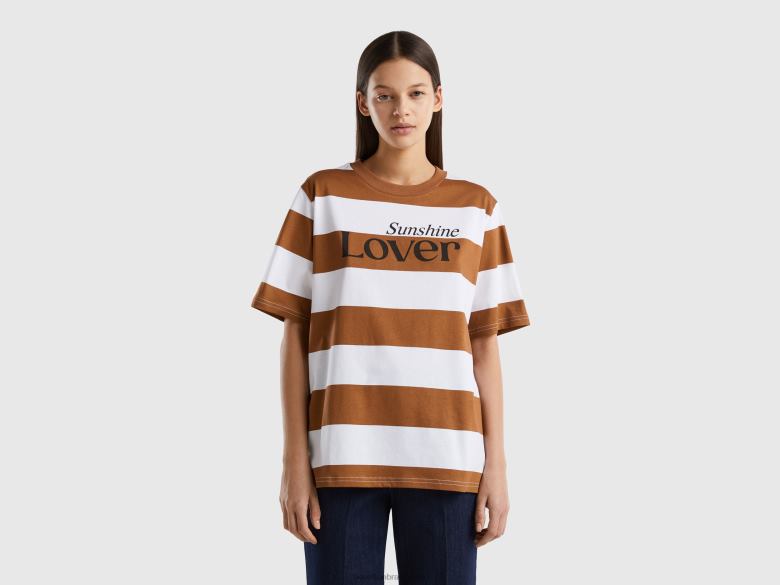 mulheres camiseta listrada com slogan Benetton R8L4P394 bege