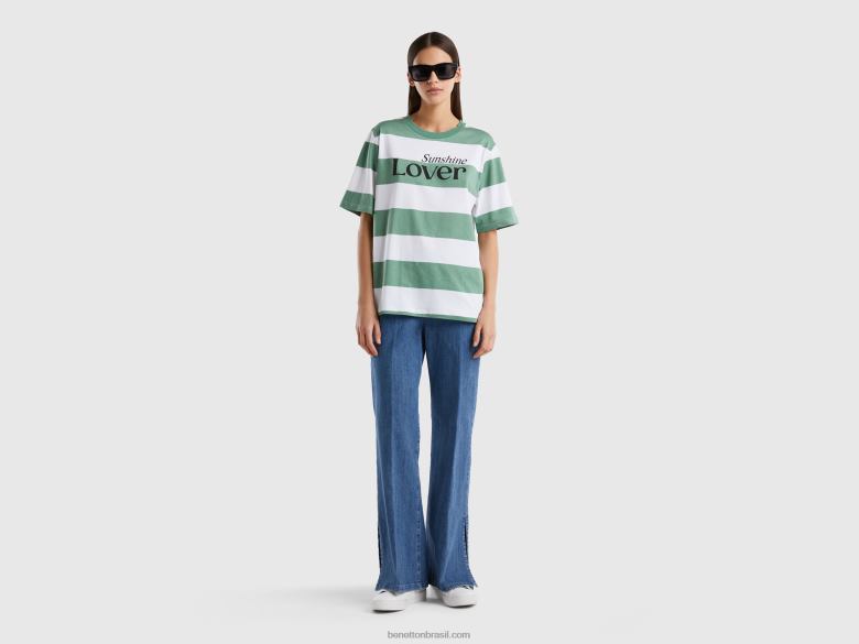 mulheres camiseta listrada com slogan Benetton R8L4P395 verde