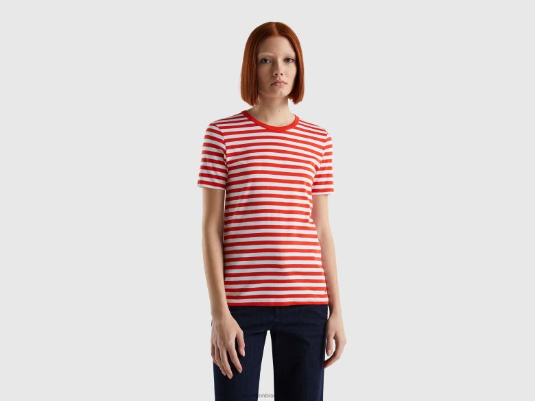 mulheres camiseta listrada decote careca Benetton R8L4P386 vermelho