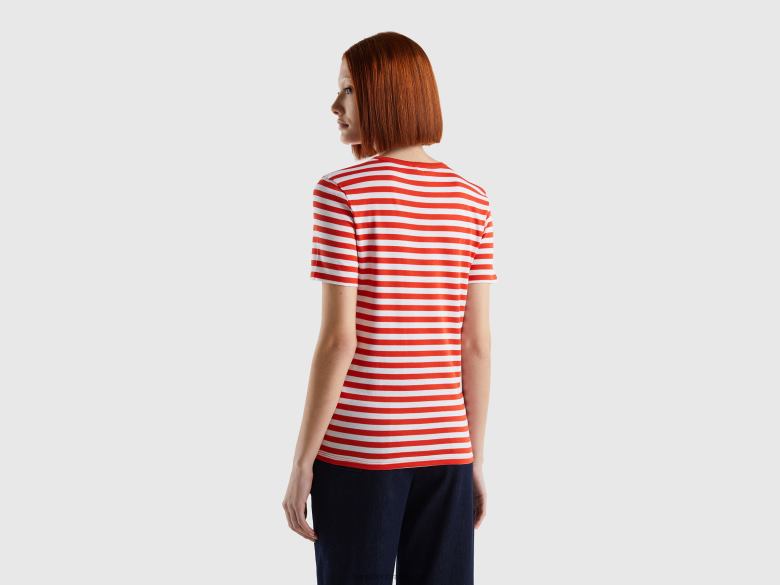 mulheres camiseta listrada decote careca Benetton R8L4P386 vermelho