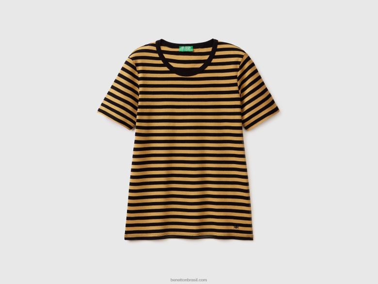 mulheres camiseta listrada decote careca Benetton R8L4P406 mostarda