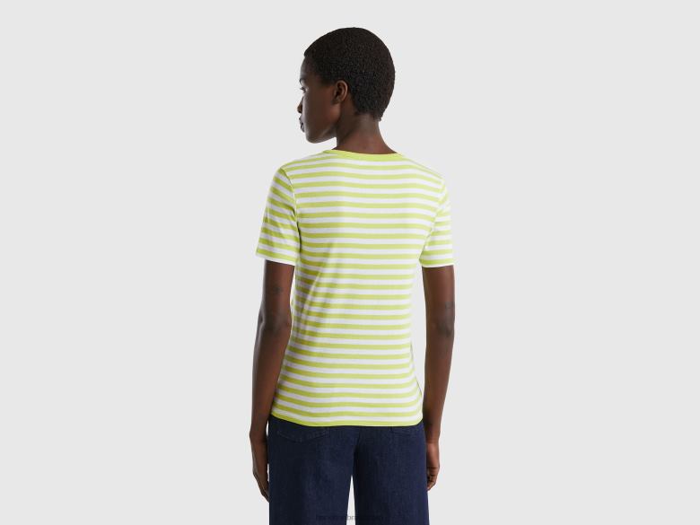 mulheres camiseta listrada decote careca Benetton R8L4P410 verde neon