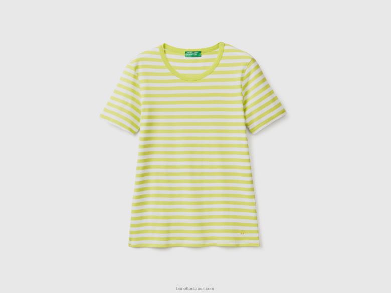 mulheres camiseta listrada decote careca Benetton R8L4P410 verde neon