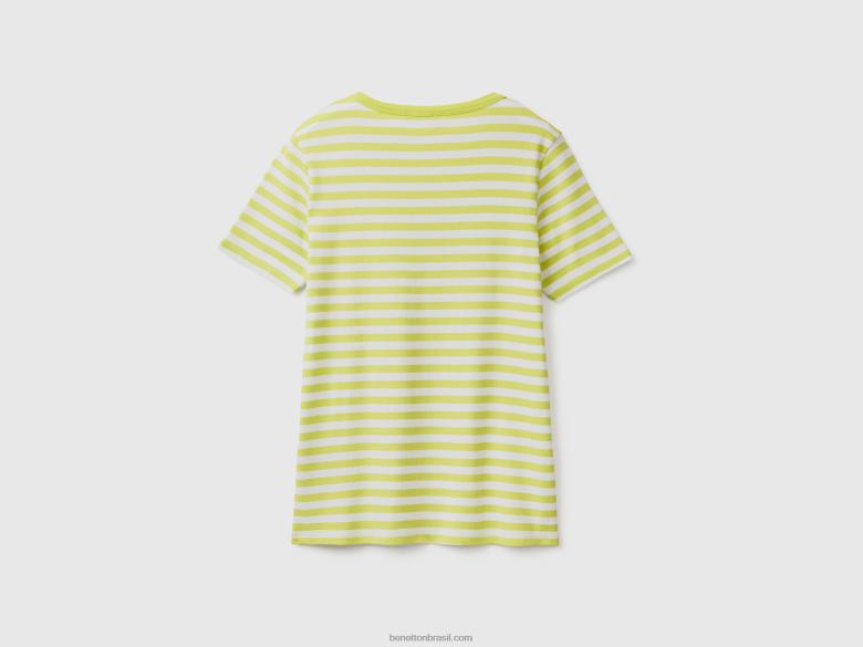 mulheres camiseta listrada decote careca Benetton R8L4P410 verde neon