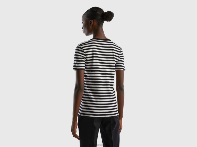 mulheres camiseta listrada decote careca Benetton R8L4P465 preto