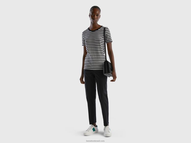 mulheres camiseta listrada decote careca Benetton R8L4P465 preto