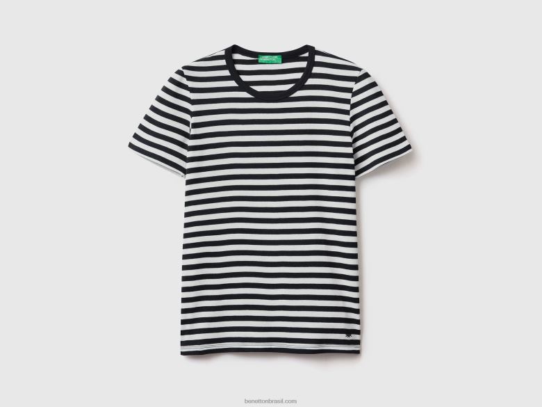 mulheres camiseta listrada decote careca Benetton R8L4P465 preto