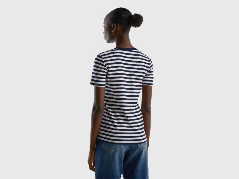 mulheres camiseta listrada decote careca Benetton R8L4P471 azul escuro