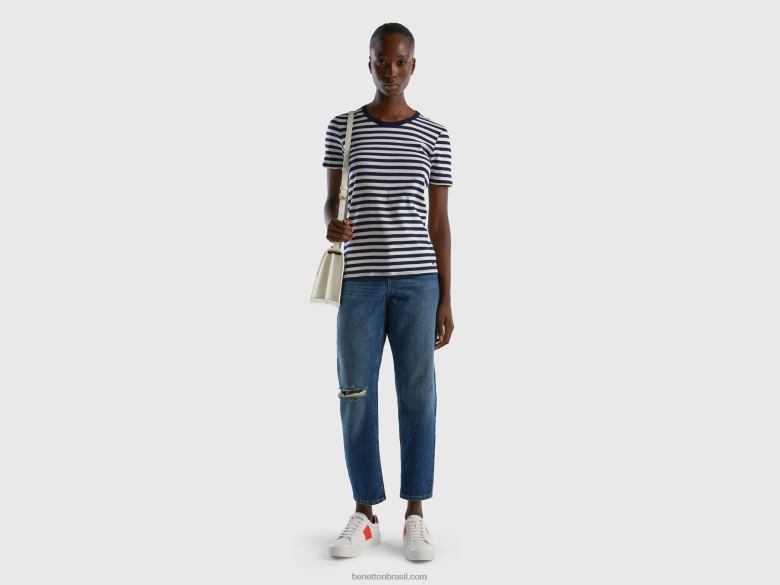 mulheres camiseta listrada decote careca Benetton R8L4P471 azul escuro