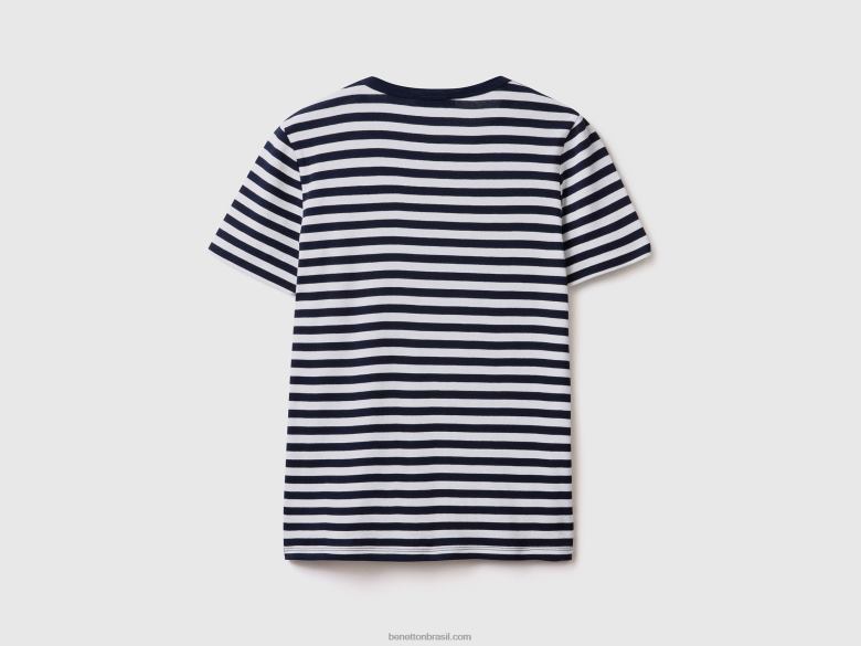 mulheres camiseta listrada decote careca Benetton R8L4P471 azul escuro