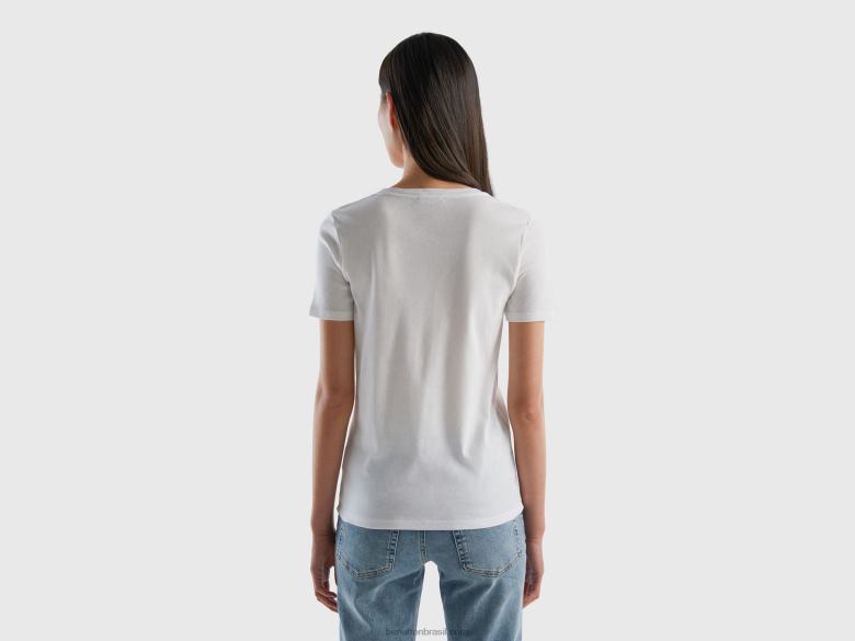 mulheres t-shirt de algodão puro com decote em V Benetton R8L4P3916 branco