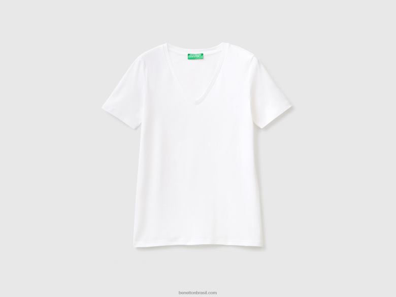 mulheres t-shirt de algodão puro com decote em V Benetton R8L4P3916 branco