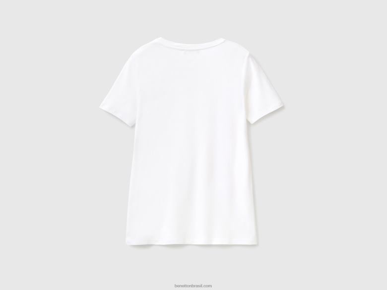 mulheres t-shirt de algodão puro com decote em V Benetton R8L4P3916 branco
