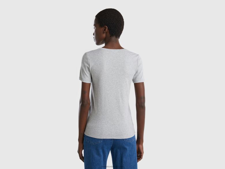 mulheres t-shirt de algodão puro com decote em V Benetton R8L4P454 cinza claro