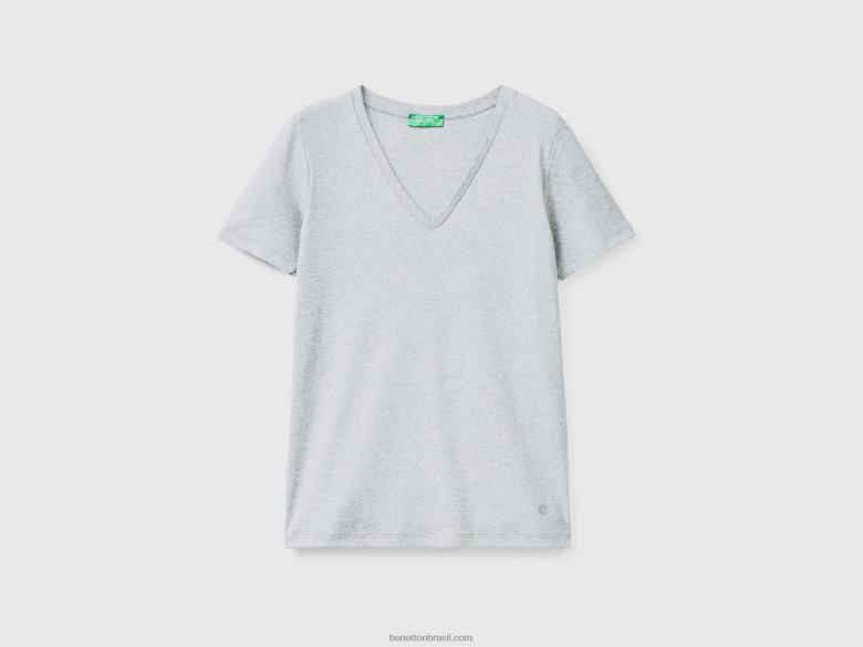 mulheres t-shirt de algodão puro com decote em V Benetton R8L4P454 cinza claro
