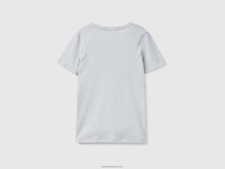 mulheres t-shirt de algodão puro com decote em V Benetton R8L4P454 cinza claro