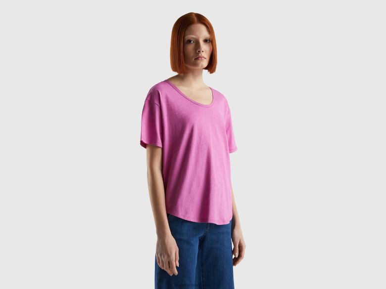 mulheres t-shirt de manga curta em algodão leve Benetton R8L4P3784 rosa