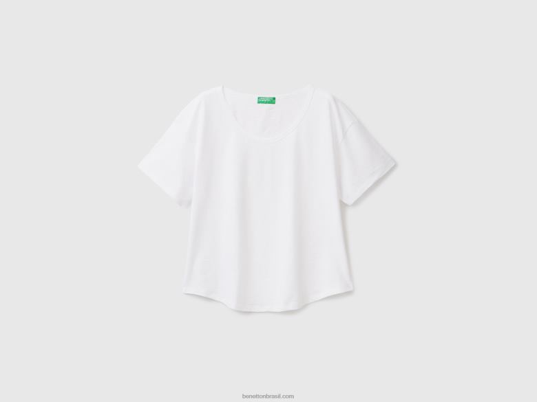mulheres t-shirt de manga curta em algodão leve Benetton R8L4P3803 branco