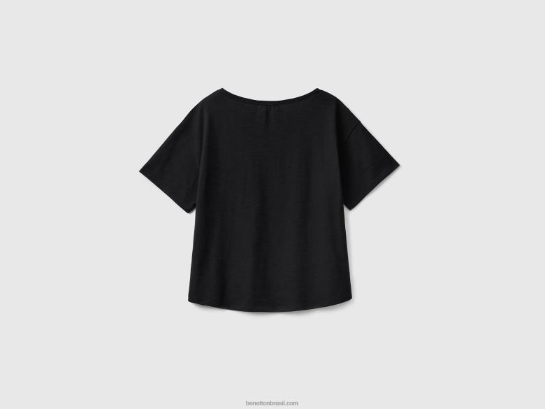 mulheres t-shirt de manga curta em algodão leve Benetton R8L4P3831 preto