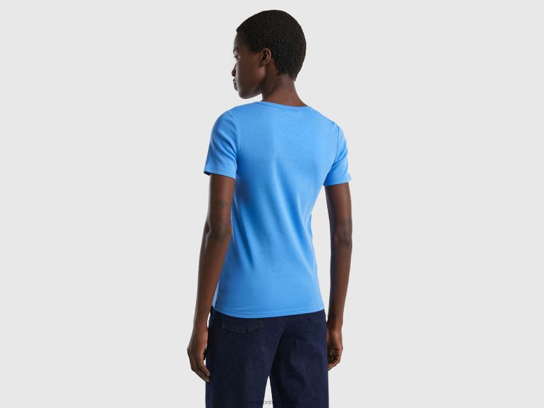 mulheres t-shirt em 100% algodão com logo estampado em glitter Benetton R8L4P370 azul claro