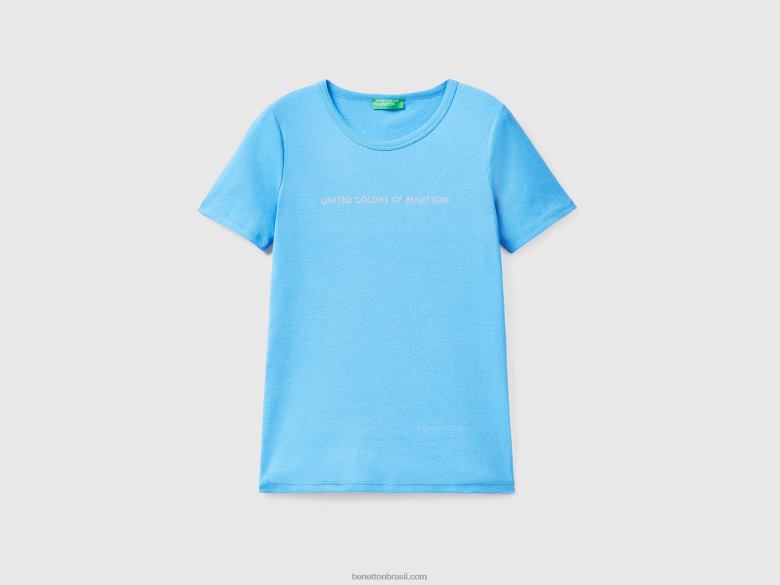 mulheres t-shirt em 100% algodão com logo estampado em glitter Benetton R8L4P370 azul claro