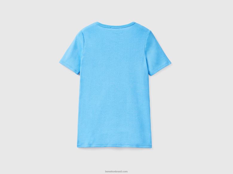 mulheres t-shirt em 100% algodão com logo estampado em glitter Benetton R8L4P370 azul claro